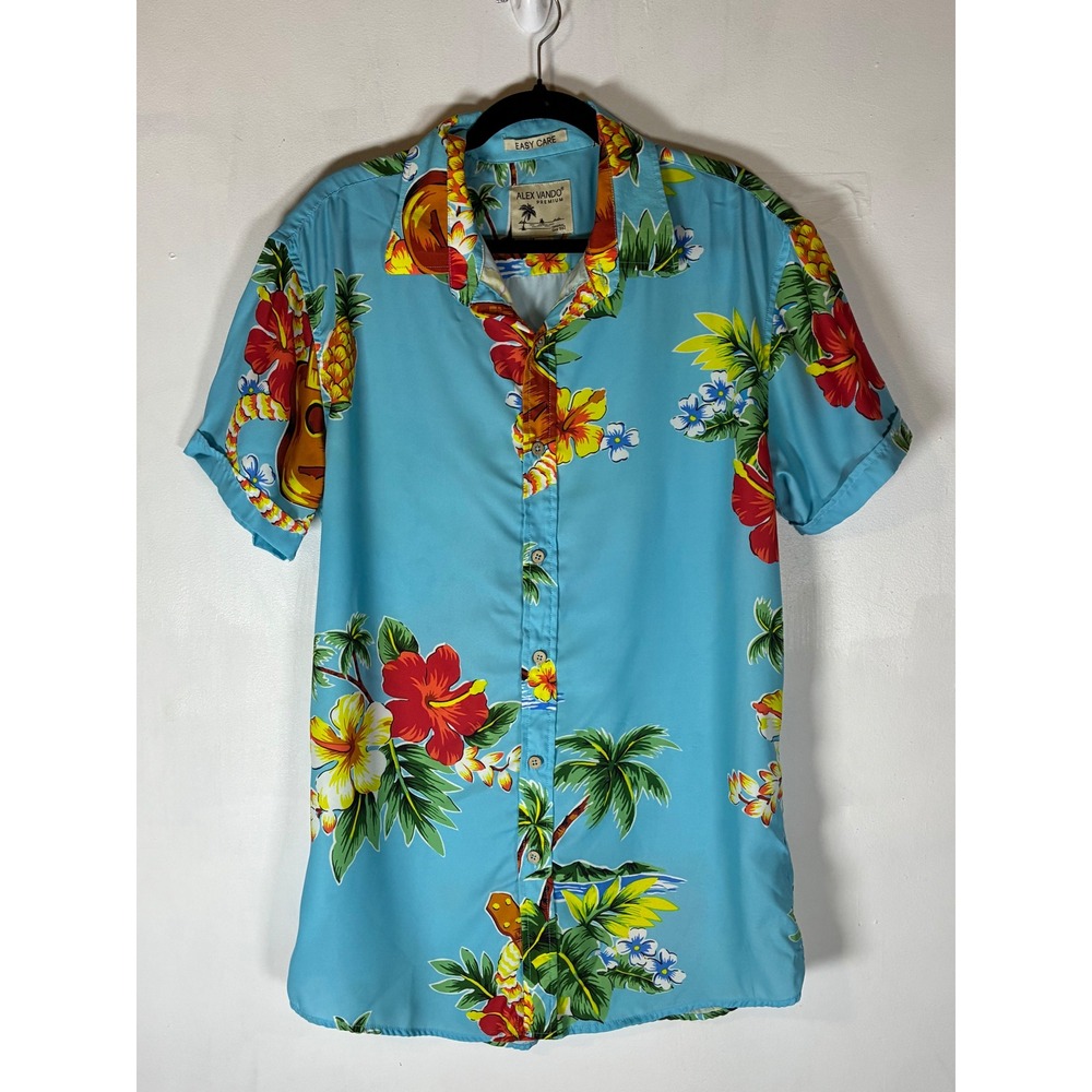Alex Vando Hawaiian Button Up Shirt M Blue Tropical Beach Aloha Vacation Resort